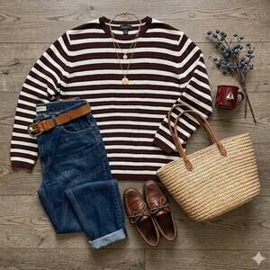 Talbots Heavy Knit Striped Pullover Sweater XL Ivory Burgundy Nautical Preppy